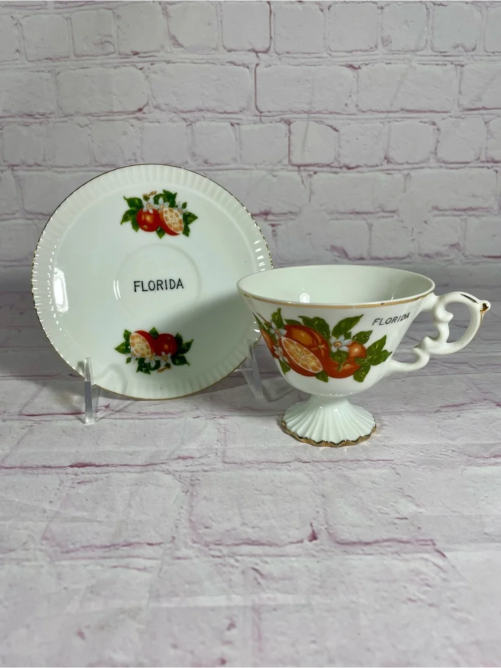 Vintage Florida Oranges Souvenir Footed Teacup and Saucer Set Gold Trim